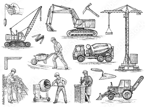Engineering vehicle. Heavy equipment for the construction of buildings. Agricultural machinery. Crane and agrimotor, tractor and excavator, concrete truck for farm and earthwork operations. Hand drawn