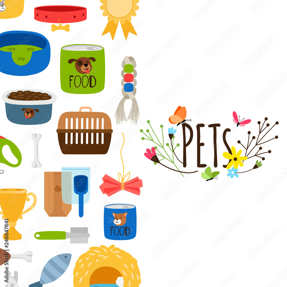 Vector pets background with pet shop icons. Pet comb, feed and leash illustration Vector pets background with pet shop icons. Pet comb, feed and leash illustration