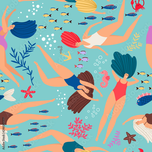 Swimmers girls underwater pattern with color fish. Vector seamless swimmer girl pattern in sea illustration