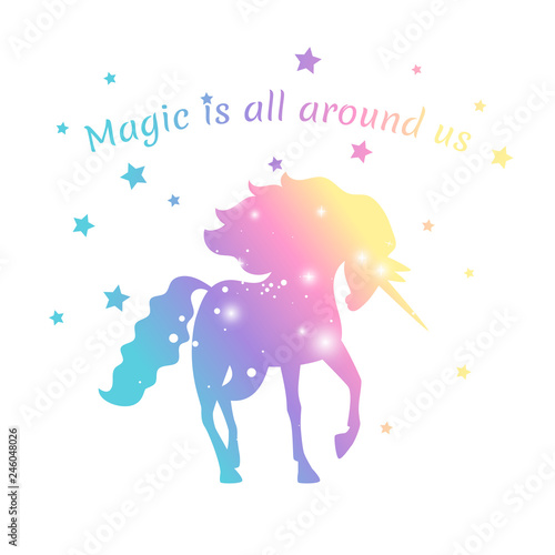 Magic unicorn color with stars isolated on white. Vector colored unicorn with horn and mane illustration