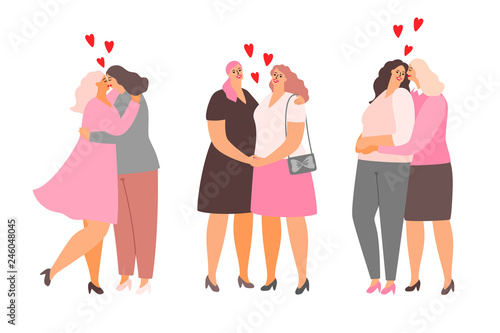 Female lesbian couples hug and kiss. Homosexuality of female, homosexual love lesbian, vector illustration