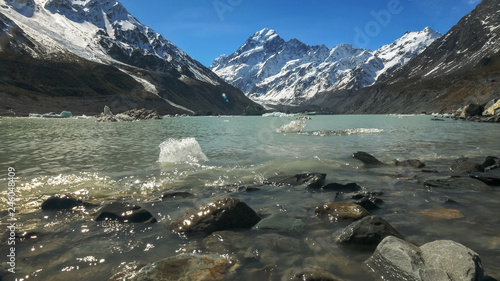 mt cook and the shoreline of the glacial hooker lake