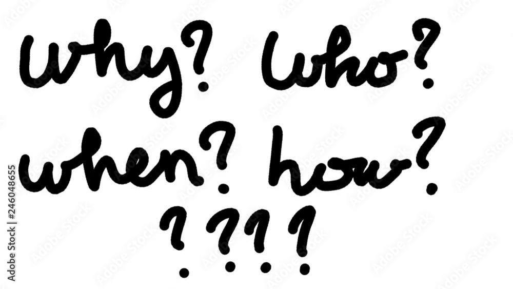 Hand drawn animation of many different questions: Who? Why? When? How? over a white screen.Cartoon looking drawing. Hand drawn animation of many different questions: Who? Why? When? How? over a white screen.Cartoon looking drawing.