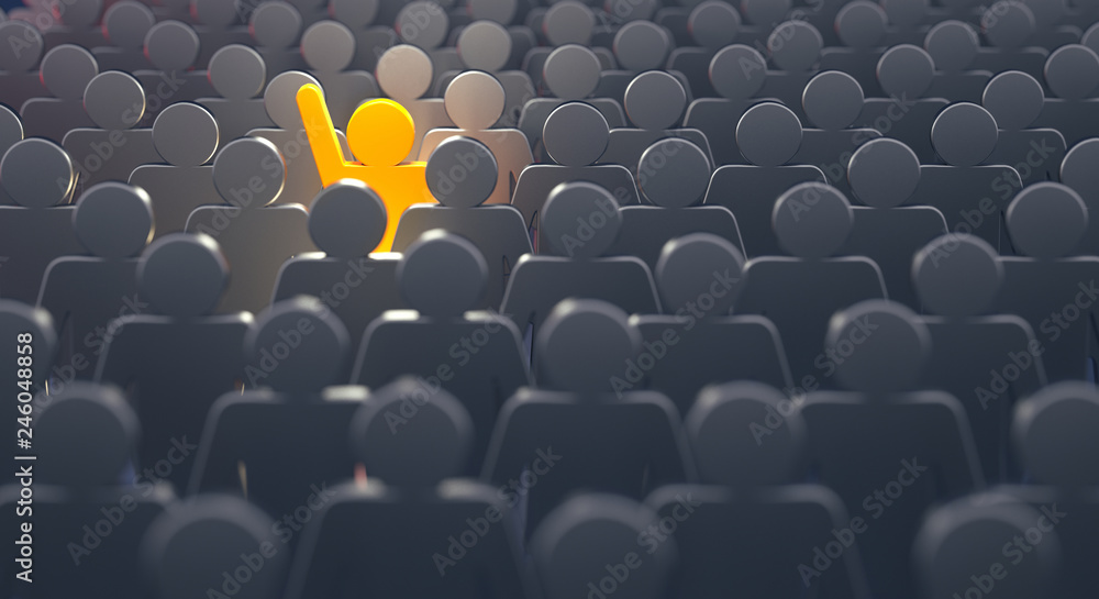Stand out from the crowd and different creative idea concepts, man standing  out of crowd - 3d rendering Stock Illustration