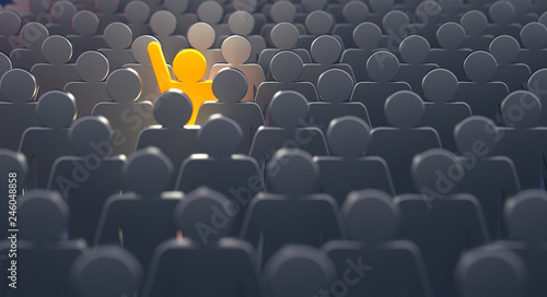 Stand out from the crowd and different creative idea concepts, man standing out of crowd - 3d rendering