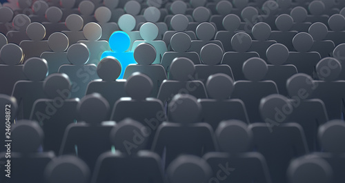Stand out from the crowd and different creative idea concepts, man standing out of crowd - 3d rendering