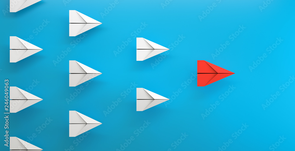 paper plane leadership concept - red paper plane leading the row Stock ...