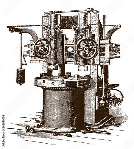 Vintage boring and turning mill machine after an engraving from the 19th century