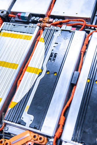 EV car battery pack. Electric car lithium battery pack. Blue toned. Car maintenance.