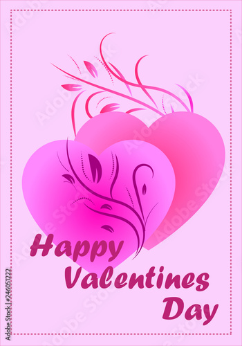 Vector drawing postcard Happy Valentine's Day on pale pink background.