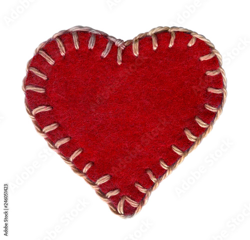 Red felt love heart with embroidery  in a primitive style