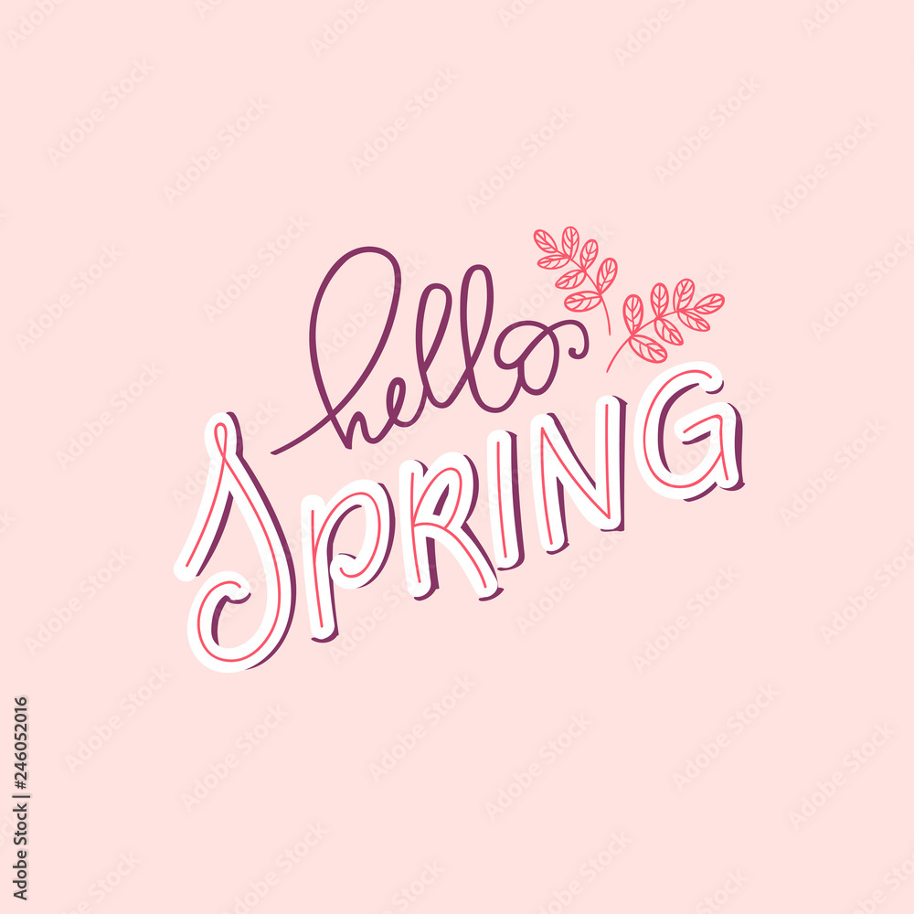Hello Spring hand lettering illustration. Postcard, invitation and banner design with doodle leaves and pastel background