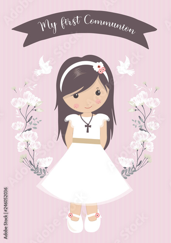 my first communion girl. beautiful girl with communion dress and flower frame