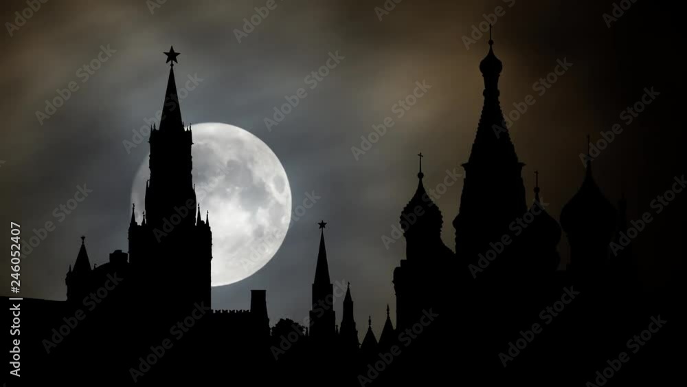 Moscow: Kremlin (Spasskaya Tower) and Saint Basil's Cathedral in Red Square by Nigh with Full Moon, Capital of Russia, Europe