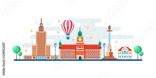 Warsaw cityscape with famous touristic landmarks. Vector flat illustration. Travel to Poland horizontal banner design