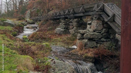 Flowing water stream, near historic aqueduct / mill in Romsviga, S√∏gne, Norway. 4K 60P Slow motion photo