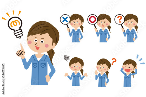 ポップな青い制服の作業員　女性　7ポーズ