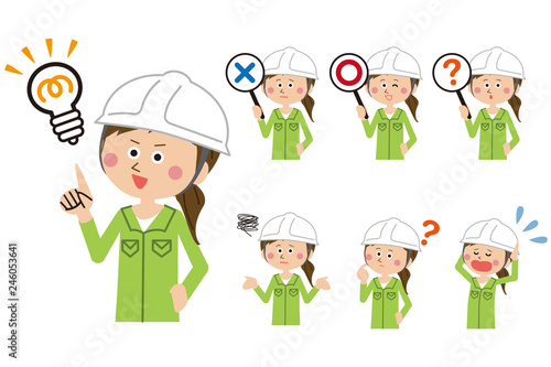 ポップな緑の制服の作業員　女性　7ポーズ