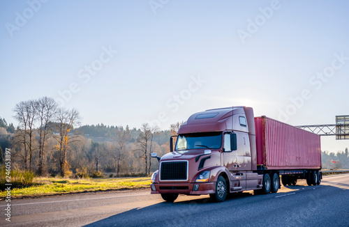 Big rig brown semi truck transporting container on wide highway with trees on the side