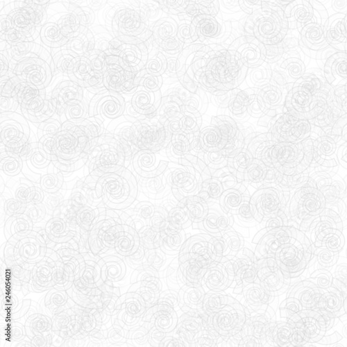 Abstract seamless pattern of randomly distributed translucent spirals in white and gray colors