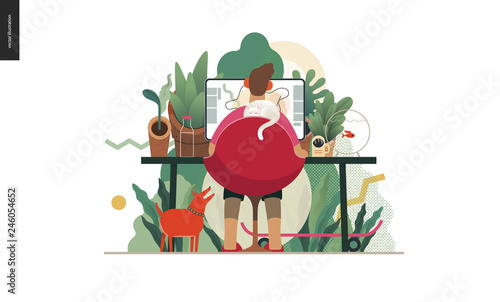 Technology 2 -Home Office - modern flat vector concept digital illustration home office metaphor, a freelancer guy working at home with pets and plants. Creative landing web page design template