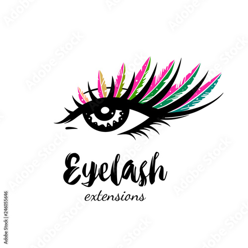 Eyelash extension logo. Makeup with multicolored feathers. Vector illustration in modern style