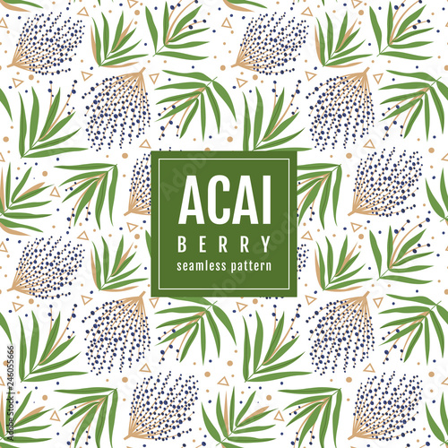 Seamless pattern of the branches of acai berry and tropical leaves on a white background. Vector template packaging design beauty products