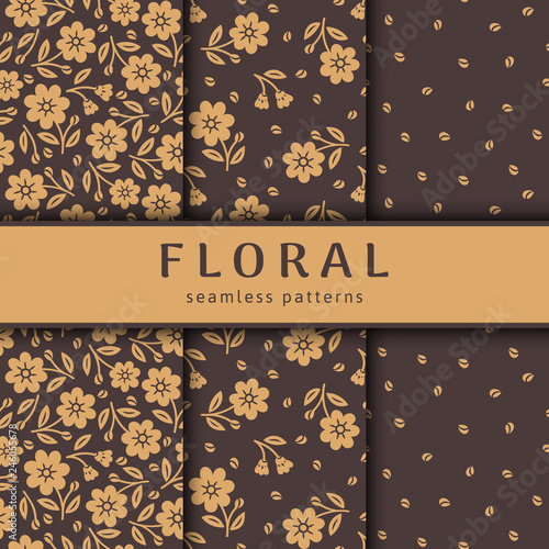 Set of seamless flower patterns. Gold stylized flowers on brown background. Vector template packaging design beauty products