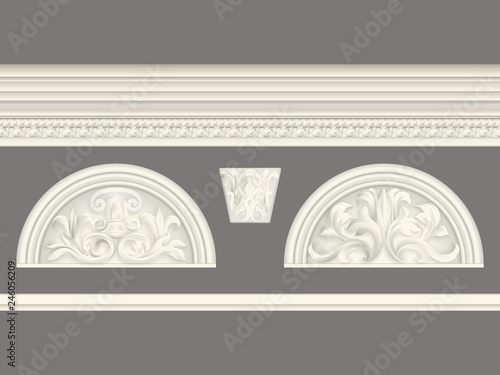Cream classic relief and cornice set isolated, architectural elements set photo