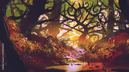 fantasy autumn forest with thorn trees, motion graphic painting