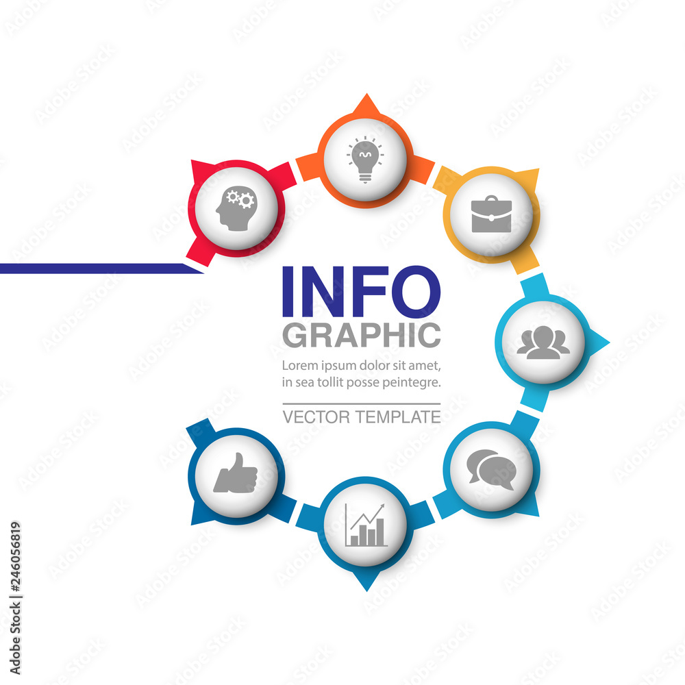 Vector infographic template for circular diagram, graph, presentation, chart, business concept with 7 options.