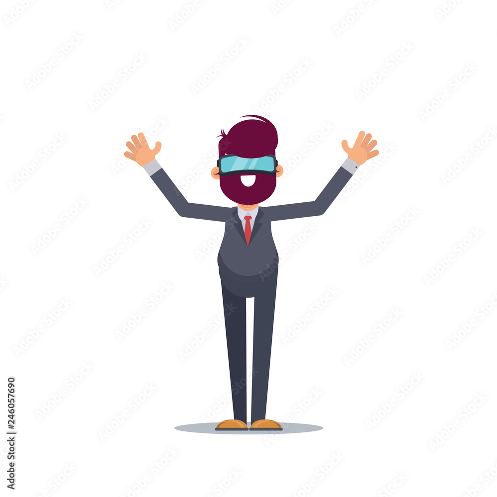 A young man in formal suit wearing virtual reality goggles and headset with a projection of a digital world. Business concept. A young man in formal suit wearing virtual reality goggles and headset with a projection of a digital world. Business concept.