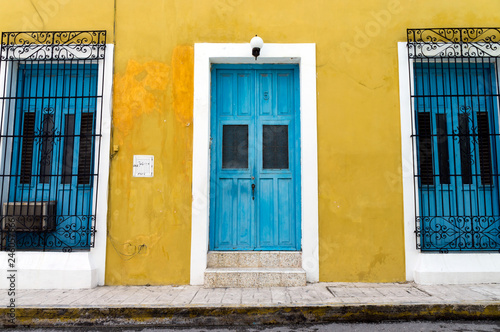 Colonial Architecture in Campeche, Mexico - Yellow Home with Blue Door