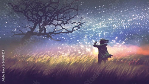 man with magic lantern standing in field, motion graphic painting, cinemagraph-style
