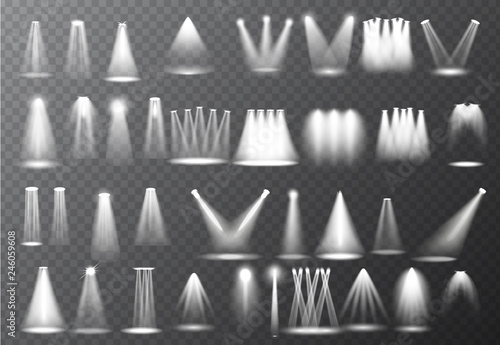 Scene illumination collection, Glowing  transparent Studio light effects. Bright lighting with spotlights. Vector Illustration