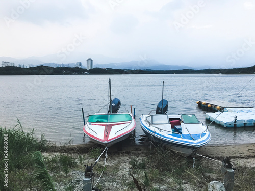 Small motor boats on the lake of Sokcho city. South Korea