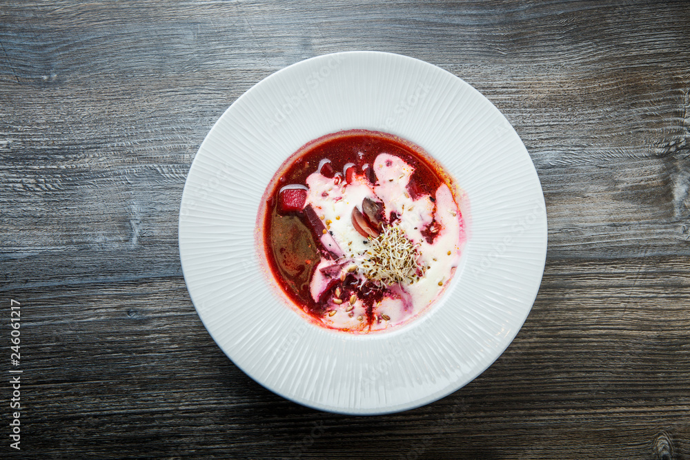 top view traditional ukrainian borscht decorated with sour cream top view traditional ukrainian borscht decorated with sour cream