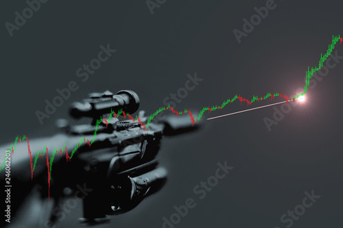 Sniper trading concept. Experienced professional trader waiting for stock chart technical indicators before placing order and make significant profit.