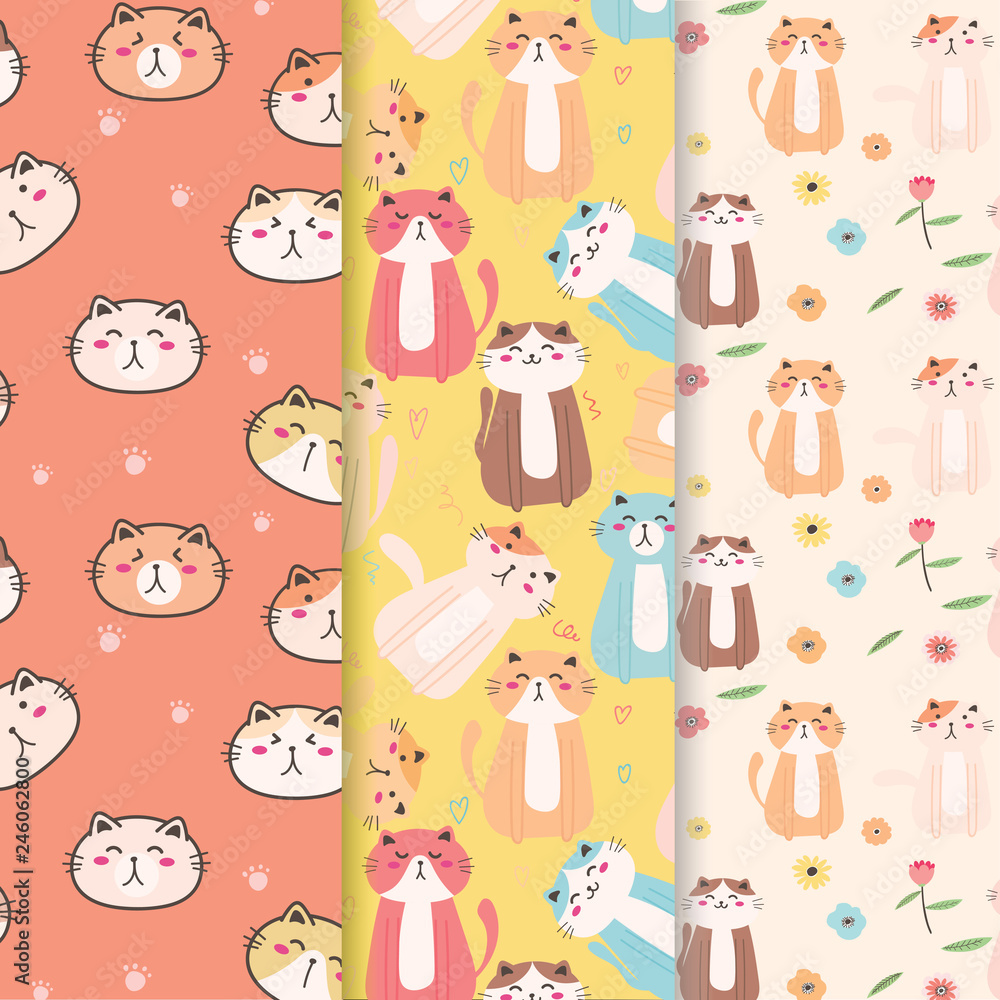 Set Of Hand Drawn Cute Cats Vector Pattern Background. Doodle Funny. Handmade Vector Illustration. Set Of Hand Drawn Cute Cats Vector Pattern Background. Doodle Funny. Handmade Vector Illustration.