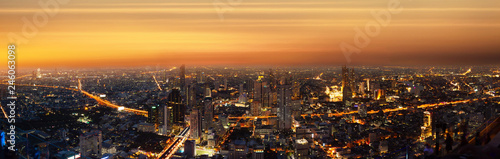 Panorama top view Cityscape Bangkok skyline city twilight sunset evening time in Thailand