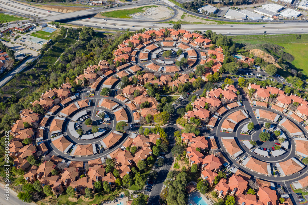 Fototapeta premium Aerial view of some interesting round estate at Pomona area