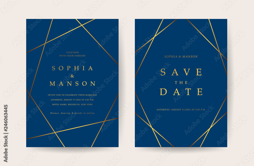 Luxury Wedding invitation Card. Design with Minimal Golden Geometric shape pattern Can be adapt to covers design, RSVP, brochure, Packaging backgrounds, poster and greeting cards. Vector illustration.