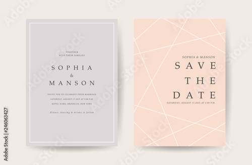 Luxury Wedding invitation Card. Design with Minimal Golden Geometric shape pattern Can be adapt to covers design, RSVP, brochure, Packaging backgrounds, poster and greeting cards. Vector illustration.