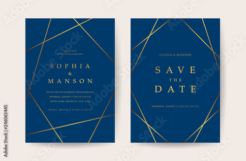 Luxury Wedding invitation Card. Design with Minimal Golden Geometric shape pattern Can be adapt to covers design, RSVP, brochure, Packaging backgrounds, poster and greeting cards. Vector illustration.