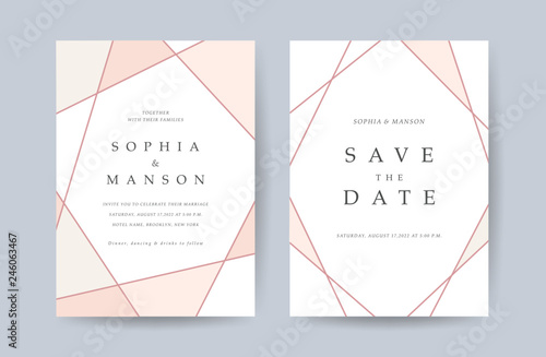 Luxury Wedding invitation Card. Design with Minimal Golden Geometric shape pattern Can be adapt to covers design, RSVP, brochure, Packaging backgrounds, poster and greeting cards. Vector illustration.