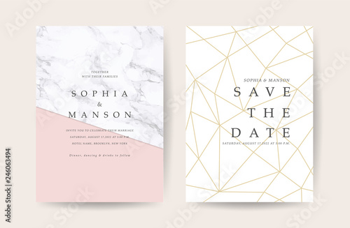Marble Wedding invitation. Design with Luxury Marbling Golden and Geometric shape pattern. Can be adapt to covers design, RSVP, brochure, Packaging, Magazine, Poster and Greeting cards. Vector 