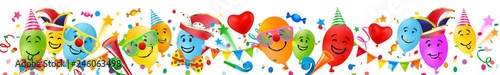 Bunte Luftballons mit lustigen Gesichtern, Konfetti und Fasching Accessoires - Banner