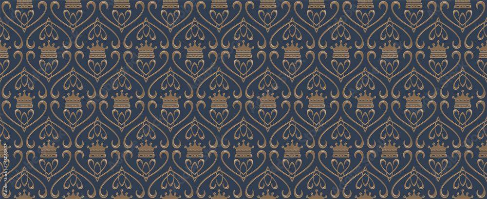 Seamless pattern with crowns. Wallpaper in the style of retro. Texture modern design. Decorative elements and a Royal crowns on a dark background. Vector image