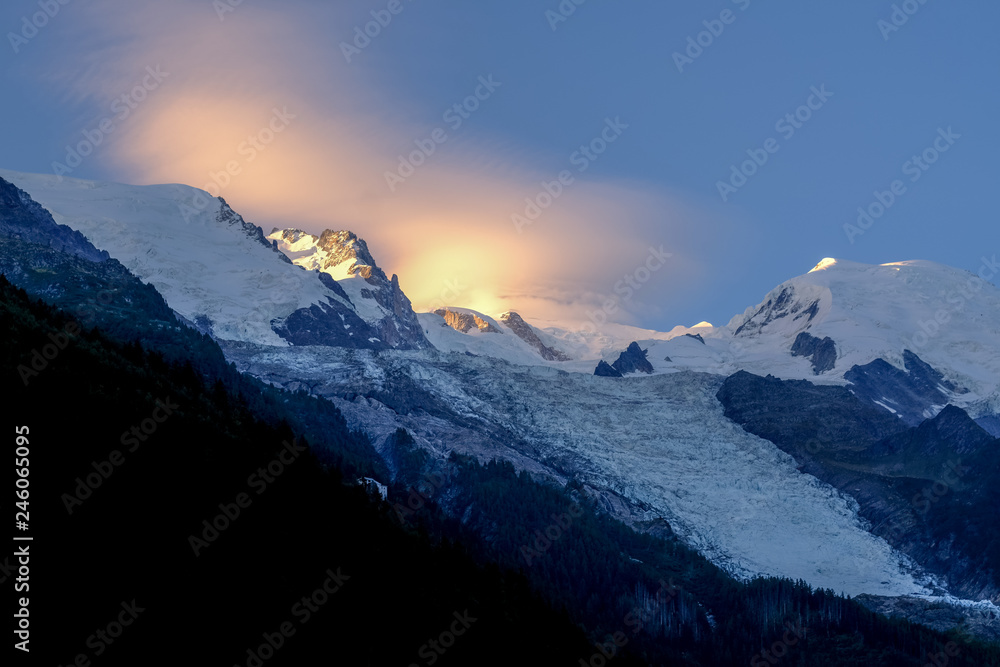 Magical blue-hour light and colourful clouds over Mt Blanc