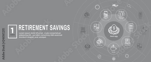 Retirement Account and Savings Icon Set Web Header Banner w Mutual Fund, Roth IRA, etc
